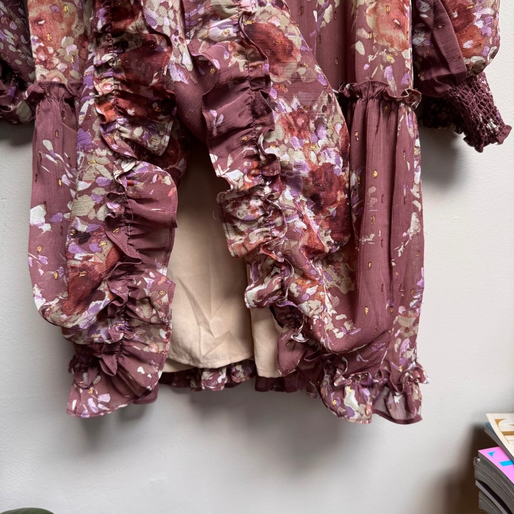 Boho Floral Smocked Waist Ruffle Mini Dress Burgundy Fairy Goblincore Sm Derby - Picture 6 of 11